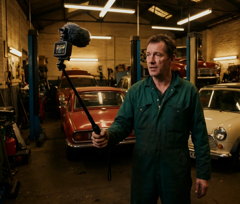 Man Filming In Garage For Youtube